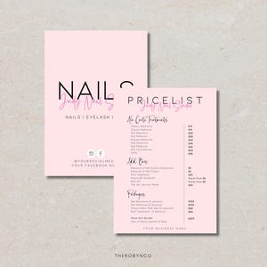 Può includere: Due biglietti rosa con testo nero e rosa. Un biglietto recita "NAIL Judy Nail S NAILS I EYELASH I" con icone di social media. L'altro biglietto è un listino prezzi con "Ala Carte Treatments" e "Packages".