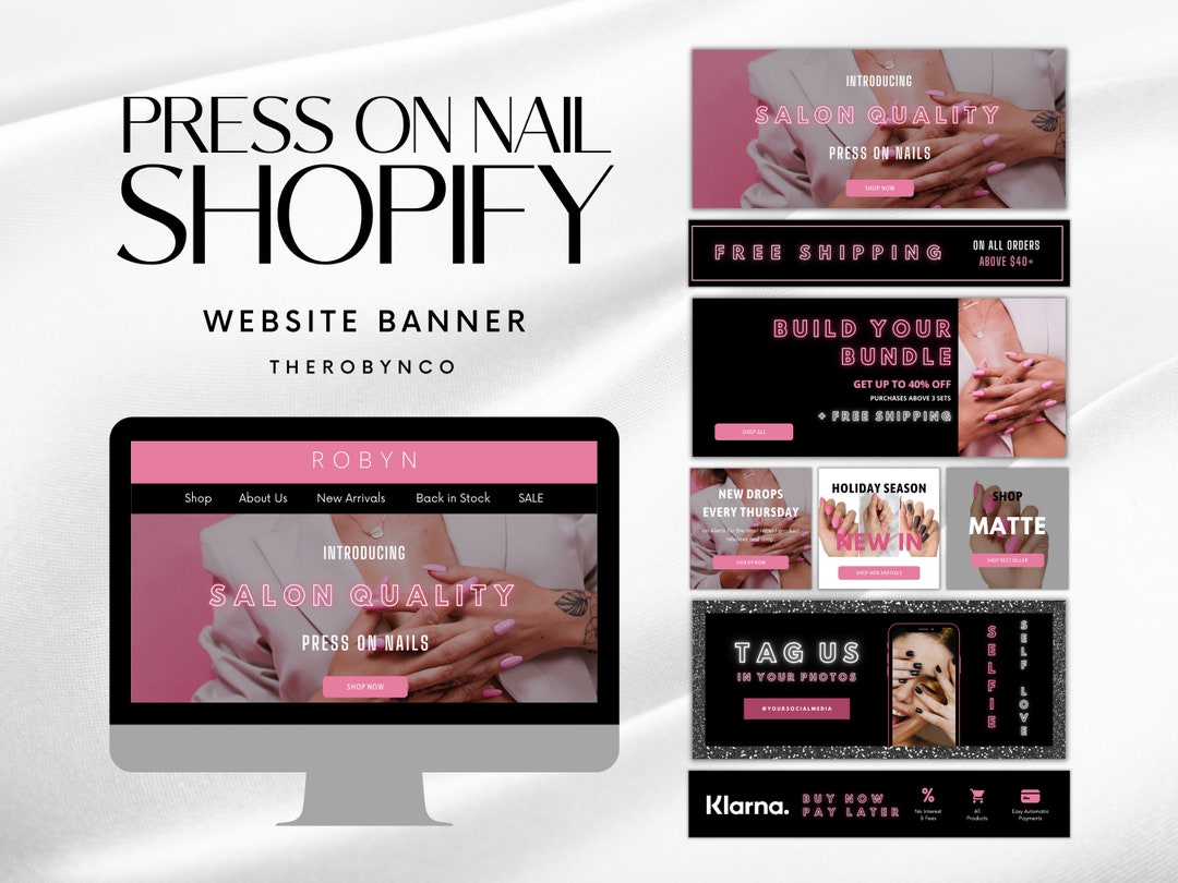 Large Press on Nail Salon Shopify Website Banner Set Bundle Templates Design Manicure Beauty Salon Polish Nails Web Banner Header Online Etsy
