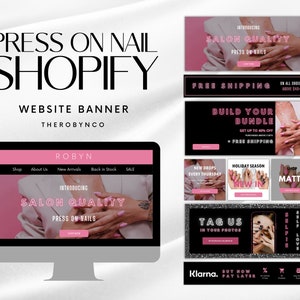 Large Press On Nail Salon Shopify Website Banner Set Bundle Templates Design, Manicure Beauty Salon Polish Nails, Web Banner Header Online