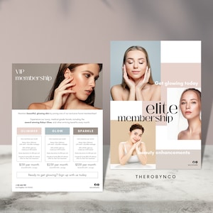 May include: A flyer advertising VIP and Elite membership options for beauty enhancements. The flyer features images of women with glowing skin and text describing the different membership levels and their benefits. The text includes the words "Glimmer", "Glow", and "Sparkle" and prices for each membership level. The flyer also includes the text "Ready to get glowing? Sign up with us today." and the company name "THEROBYNCO".