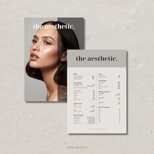 Puede incluir: Dos folletos promocionales para un negocio de belleza. Uno presenta el rostro de una mujer con el texto "the aesthetic". El otro folleto enumera servicios como tratamientos con láser y rellenos dérmicos, también con el texto "the aesthetic."