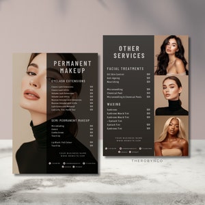 Szablony cenników ulotek PMU Beauty Projektowanie włosów Paznokcie Makijaż Salon Edytowalne Do druku, natychmiastowa promocja Nowoczesny Minimalistyczny Makijaż permanentny