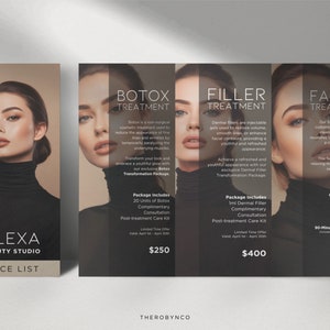 Edytowalna broszura estetyczna Trifold, szablon broszury SPA do pielęgnacji skóry, szablon listy cen, lista cen salonu kosmetycznego, katalog menu, DIY Canva