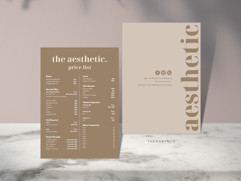 May include: Two aesthetic clinic promotional materials. One is a price list with treatments like Botox and dermal fillers. The other is a flyer with social media icons and the word "aesthetic" in large text.