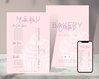 Pink Bakery Shop Price List Templates, Editable Printable, Instant, Baking Cupcakes Cake Dessert Patisseries Cookies, Pricing Menu Catalog