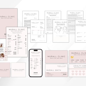 Könnte beinhalten: Eine Sammlung von Werbematerialien und Briefpapier der Marke Murall Clinic. Artikel umfassen eine Broschüre, eine Behandlungsübersicht, Beratungsformulare, Visitenkarten und eine Kundenkarte. Das Farbschema ist hauptsächlich hellrosa und weiß.