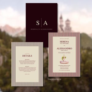 Paquete de plantillas de invitación de boda vintage con rayas granate y marrón, Canva editable, rayas elegantes, jardín costero, estilo europeo, caprichoso.