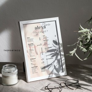 May include: A white framed price list for Alexa Clinic. The price list includes services such as Botox, Dermal Filler, Fat Removal, Facial Threads, Laser, Skin Treatments, and Vitamin Injections.