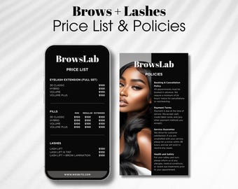 Beauty Price List and Policy Design Templates, Eyelash Extension,Brows Lamination Beauty Salon Menu Catalog Canva Editable Digital Download