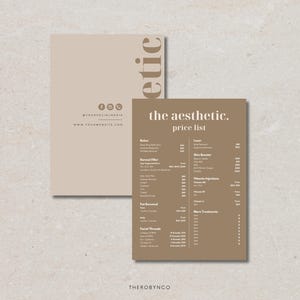 Puede incluir: Dos tarjetas sobre un fondo beige. Una muestra una lista de precios de servicios estéticos, con el título "the aesthetic.". La otra tarjeta tiene iconos de redes sociales e información del sitio web, con la palabra "aesthetic" impresa verticalmente.