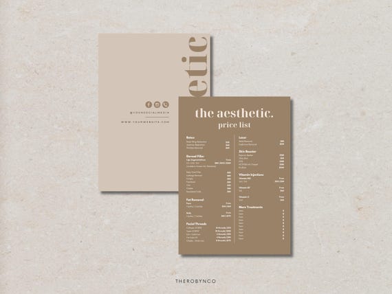 DIY Aesthetic Price List Design Templates, Pre Made Complete List, Botox Lip FIller Fat Removal Injectables Face, Beauty Salon, Menu Catalog
