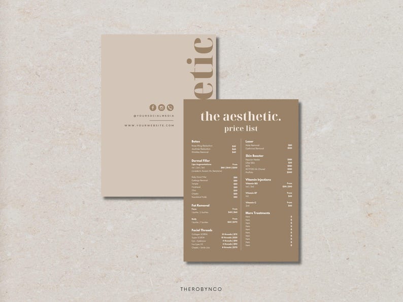 May include: Two-card set with a beige background. One card features the text "the aesthetic. price list" and a list of services. The other card has social media icons and website information, with the word "aesthetic" vertically printed.