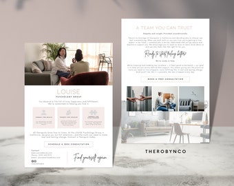 Diseño de plantillas de volantes de terapia de psicología de asesoramiento, imprimible editable, instantáneo, sesión relajante de amor propio, terapeuta de carteles de anuncios comerciales