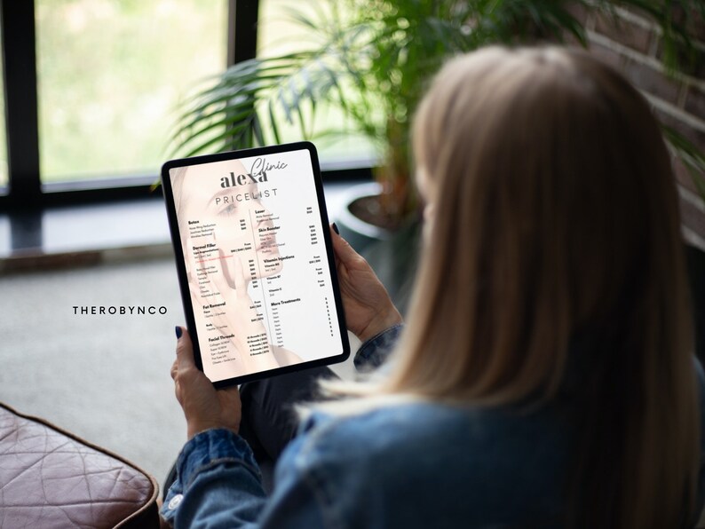 May include: A woman is looking at a tablet screen displaying a price list for a beauty clinic called "Alexa Clinic". The price list includes services such as Botox, Dermal Filler, and Facial Threads.