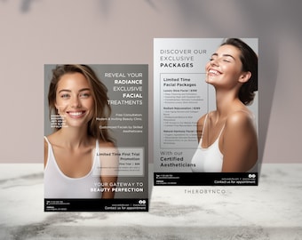 Beauty Facial Salon Flyer Templates Design, Modern, Membership Package Set Promotion , Pricing Menu, Editable DIY Aesthetic Brand Awareness