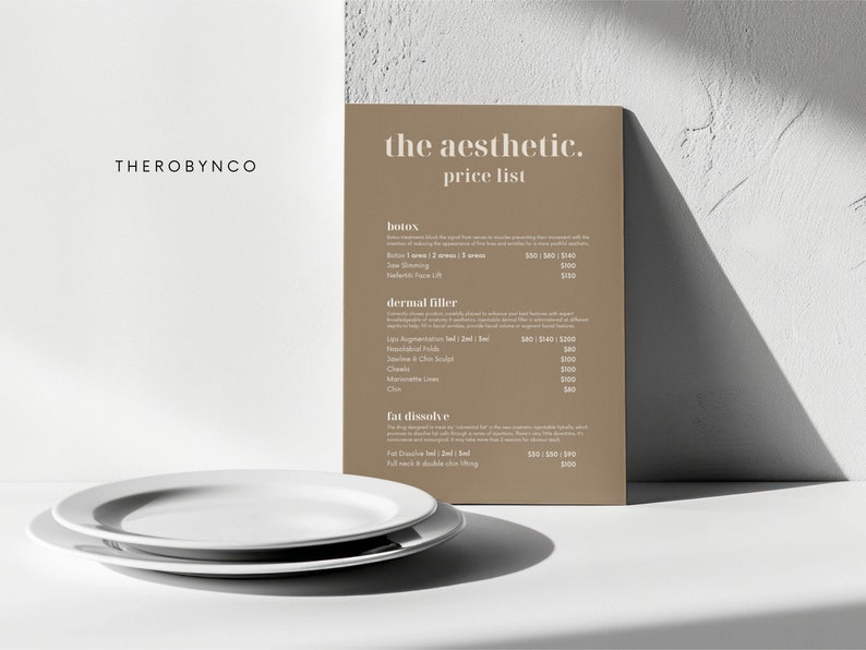May include: A brown price list for a business called "the aesthetic." The list includes prices for botox, dermal filler, and fat dissolve treatments.