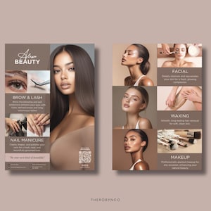 Op de afbeelding: Een advertentie voor een schoonheidssalon met een vrouw met lang bruin haar. De flyer toont diensten als wenkbrauwen & wimpers, nagelverzorging, gezichtsbehandeling, waxen en make-up. De tekst bevat de naam van de salon en een QR-code.