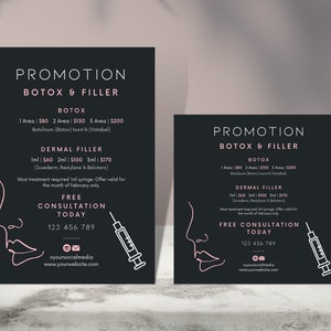 Plantillas de folletos de belleza de promoción de relleno de Botox DIY, imprimibles editables, conocimiento de marca, póster versión digital Instagram, anuncios publicitarios