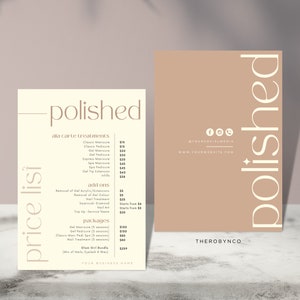 Modelos pré-fabricados de lista de preços de salão de beleza DIY, editáveis para impressão, manicure de unhas de beleza, design de preços, menu minimalista concluído, Canva
