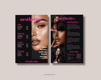 DIY Beauty Salon Flyer Price List and Booking Policy Templates Design, Hair Nail Makeup Editable Printable Promotion Esthetician PMU Canva