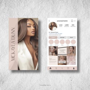 Puede incluir: Una maqueta de una página de perfil de Instagram para un negocio llamado "Mckayla Dunn". La foto de perfil es una mujer con cabello largo y castaño. El perfil tiene 1.240 publicaciones, 4.880 seguidores y 300 seguidos. El perfil incluye un botón "Seguir", "Mensaje" y "Correo electrónico". El perfil también incluye una cuadrícula de nueve imágenes.