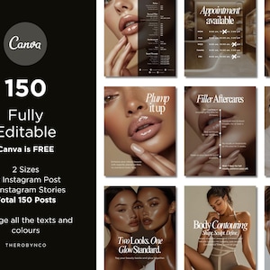 May include: A collage of nine Instagram story templates for a beauty salon or spa. The templates feature images of women with makeup and skincare products, along with text such as "Plump it up", "Filler Aftercares", "Body Contouring", and "Skin Food".