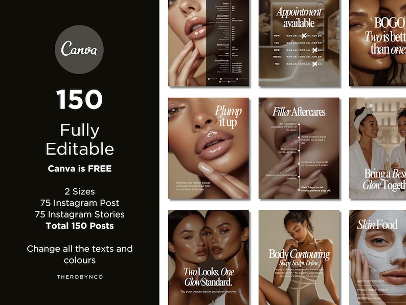 May include: A collage of nine Instagram story templates for a beauty salon or spa. The templates feature images of women with makeup and skincare products, along with text such as "Plump it up", "Filler Aftercares", "Body Contouring", and "Skin Food".