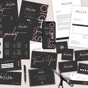 MIL 30+ Kit di branding di grandi dimensioni Set modelli di pacchetti, modificabili, stampabili, digitali, listino prezzi unghie ciglia Business, salone di bellezza Social, nero