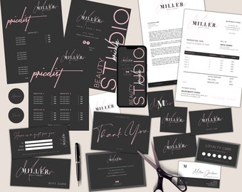 MIL 30+ Large Branding Kit Set Bundle Templates, Editable, Printable, Digital, Price List Nails Lashes Business, Beauty Salon Social, Black