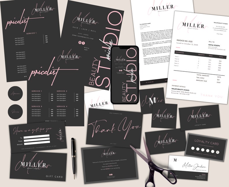 MIL 30+ Large Branding Kit Set Bundle Templates, Editable, Printable, Digital, Price List Nails Lashes Business, Beauty Salon Social, Black 