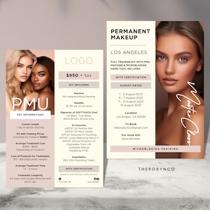 May include: A flyer advertising permanent makeup training in Los Angeles. The flyer features a woman's face with a close-up of her eyes and eyebrows. The flyer includes information about the training, including the price, dates, and location. The flyer also includes a list of the materials included in the training kit. The text on the flyer reads "Permanent Makeup", "Los Angeles", "Master Class", "Microblading Training", "Therobynco", "£950 + tax", "Kit Includes", "Machine", "Micropigmentation Machine", "Needles", "R. 3R SR 3 (of each)", "Pigments of SOFTTOUCH 10ml", "Jet Black, True Black, Black/Brown, Smoke Grey", "Accessories", "ARTIST 2x Practice Skin", "ARTIST 25 Micro Swabs", "ARTIST Dressing for Numbing", "ARTIST Lining Sketching Pencil x1", "ARTIST Device Protector x1", "Disposable Trays x10", "Complete Manual", "Marketing MTRL", "Anesthetics", "ZEN 30ml Numbing Cream", "With Certification", "August Dates", "1-2 August 2023", "6-7 August 2023", "11-12 August 2023", "14 August 2023", "Location", "Los Angeles, CA 92530", "To Book", "hellorobynco@gmail.com", "For more info", "@socialmedia", "Microblading Training", "Therobynco".