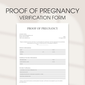 Plantilla de formulario de prueba de verificación de embarazo, formulario de consentimiento, formulario de confirmación de embarazo editable, proveedor de atención médica de fecha prevista de parto