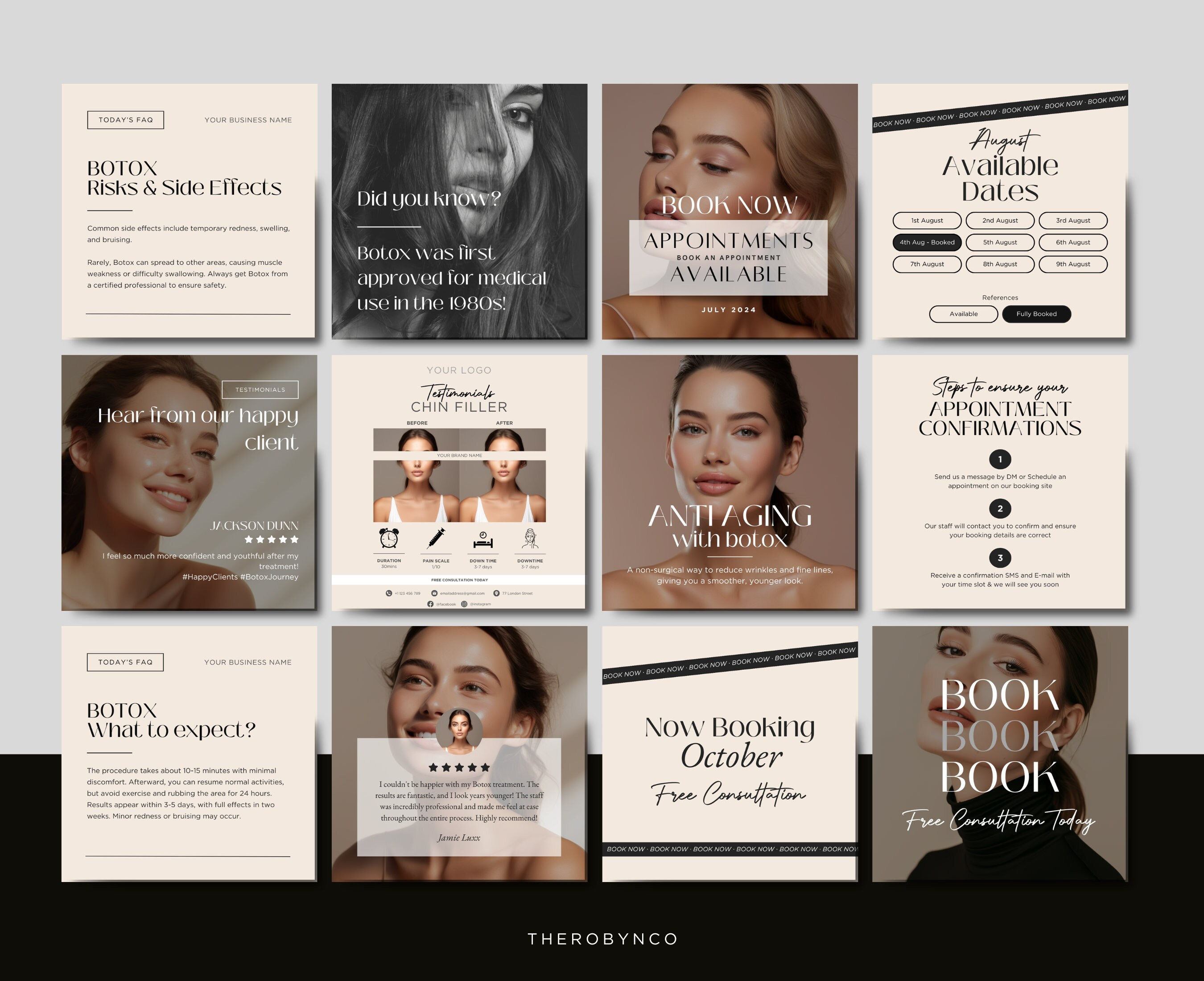 Luxury Botox and Filler Instagram Post Templates Content Design, Editable Instant Medspa Nurse Aesthetic Beauty Salon Social Media Aftercare