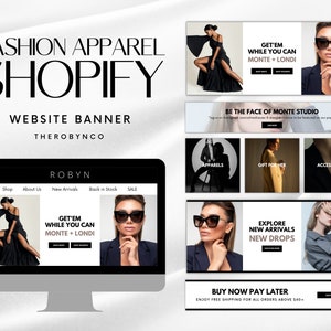 DIY Fashion Clothing Website Banner Shopify Bundle Set Templates Design, Editable, Instant, Modern Black White Web Banner Online Store