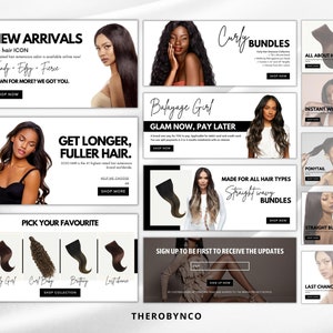 May include: A collection of hair extensions for sale. The image shows different styles of hair extensions, including curly, straight, and wavy. The text on the image reads "New Arrivals", "Get Longer, Fuller Hair", "Pick Your Favourite", "Balayage Girl", "Curly Bundles", "Made for All Hair Types", "Straight Wavy Bundles", "Sign Up to Be First to Receive the Updates", "All About Hair", "Instant Wig", "Ponytail", "Straight Bundles", "Last Chance", and "Therobynco".