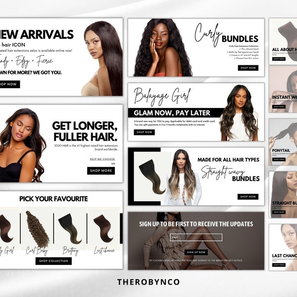 DIY Hair Extensions Website Banner Shopify Bundle Set Templates Design, Editable, Instant, Large Package, Web Banner Fashion Online Store