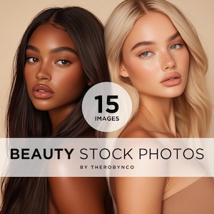 May include: Two women with different skin tones pose for a photo. The woman on the left has dark brown hair and dark skin. The woman on the right has long blonde hair and fair skin. The text "15 IMAGES" and "BEAUTY STOCK PHOTOS BY THEROBYNCO" is visible in the image.