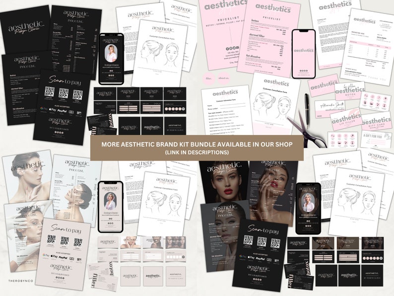 May include: A collection of aesthetic clinic branding materials, including price lists, business cards, and consultation forms. The color scheme is primarily black and white, with some pink accents. The text "aesthetic" is prominently displayed on various items. A smartphone and scissors are also visible.