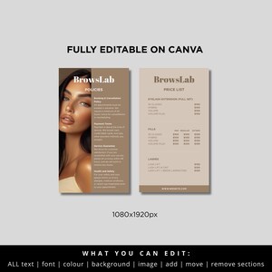 May include: Two vertical brochures with the text "BrowsLab" and a woman's portrait. The left brochure lists policies, and the right one details a price list for eyelash extensions, fills, and lashes. The text "FULLY EDITABLE ON CANVA" is at the top.