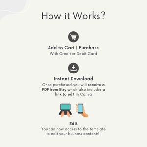 May include: A graphic showing the steps to purchase and download a digital template. The steps are: Add to Cart, Instant Download, and Edit. The graphic includes icons of a shopping cart, a download arrow, and a laptop and phone.
