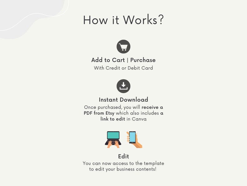 May include: A graphic showing the steps to purchase and download a digital template. The steps are: Add to Cart, Instant Download, and Edit. The graphic includes icons of a shopping cart, a download arrow, and a laptop and phone.