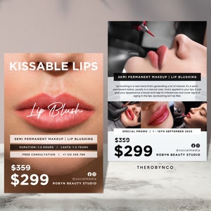 PMU Lip Blush Flyer Promo Design Vorlagen, bearbeitbar, druckbar, Instagram Post, Stickerei, Lippen Werbung Brand Awareness Poster