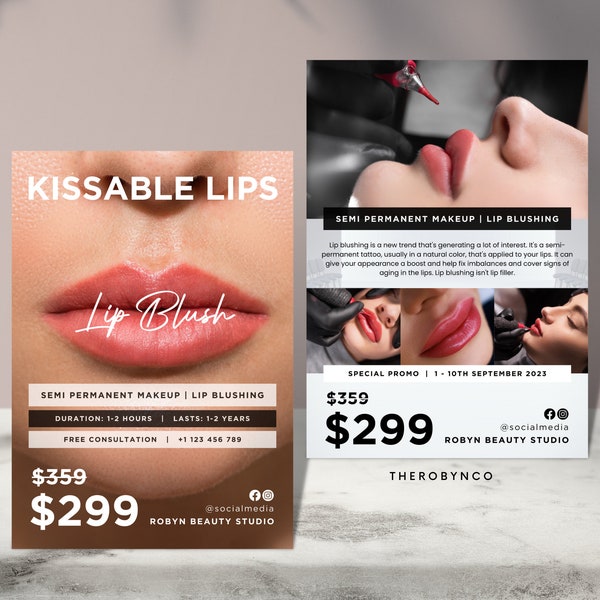 PMU Lip Blush Flyer Promo Design Templates, Editable, Printable, Instagram Post, Embroidery, Lips Advertisement Brand Awareness Poster