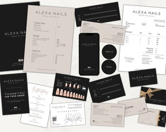 May include: A collection of marketing materials for a press-on nail business called Alexa Nails. The materials include a price list, an invoice, thank you cards, and instructions on how to apply and remove the nails. The brand colors are black, white, and gold.