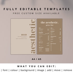 May include: Aesthetic price list template with a beige and brown color scheme. The text "the aesthetic. price list" is displayed. The words "FULLY EDITABLE TEMPLATES" and "FREE CUSTOM SIZE AVAILABLE" are also visible.