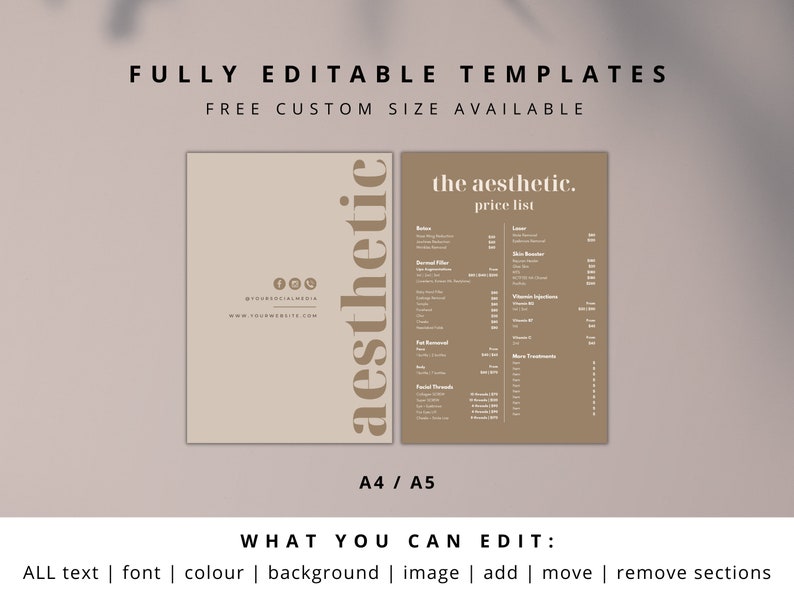 May include: Aesthetic price list template with a beige and brown color scheme. The text "the aesthetic. price list" is displayed. The words "FULLY EDITABLE TEMPLATES" and "FREE CUSTOM SIZE AVAILABLE" are also visible.