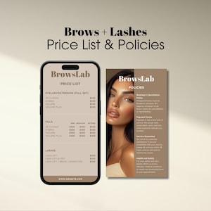 Op de afbeelding: Een promotieafbeelding voor een schoonheidssalon, met een smartphone met een prijslijst voor wimperextensions, fillers en wimperservices. Er wordt ook een brochure met beleid getoond. De salon heet BrowsLab.