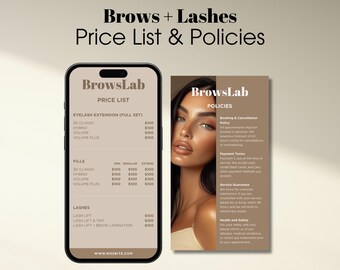 Beauty Price List and Policy Design Templates, Eyelash Extension,Brows Lamination Beauty Salon Menu Catalog Canva Editable Digital Download