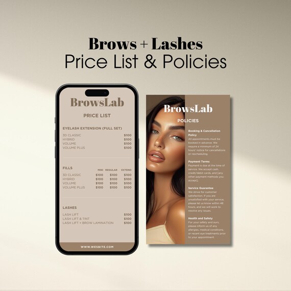Beauty Price List and Policy Design Templates, Eyelash Extension,Brows Lamination Beauty Salon Menu Catalog Canva Editable Digital Download