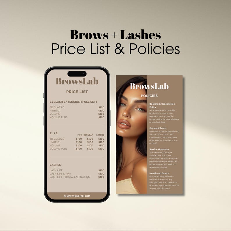 May include: A promotional image for a beauty salon, featuring a smartphone displaying a price list for eyelash extensions, fillers, and lash services. A brochure with policies is also shown. The salon is named BrowsLab.